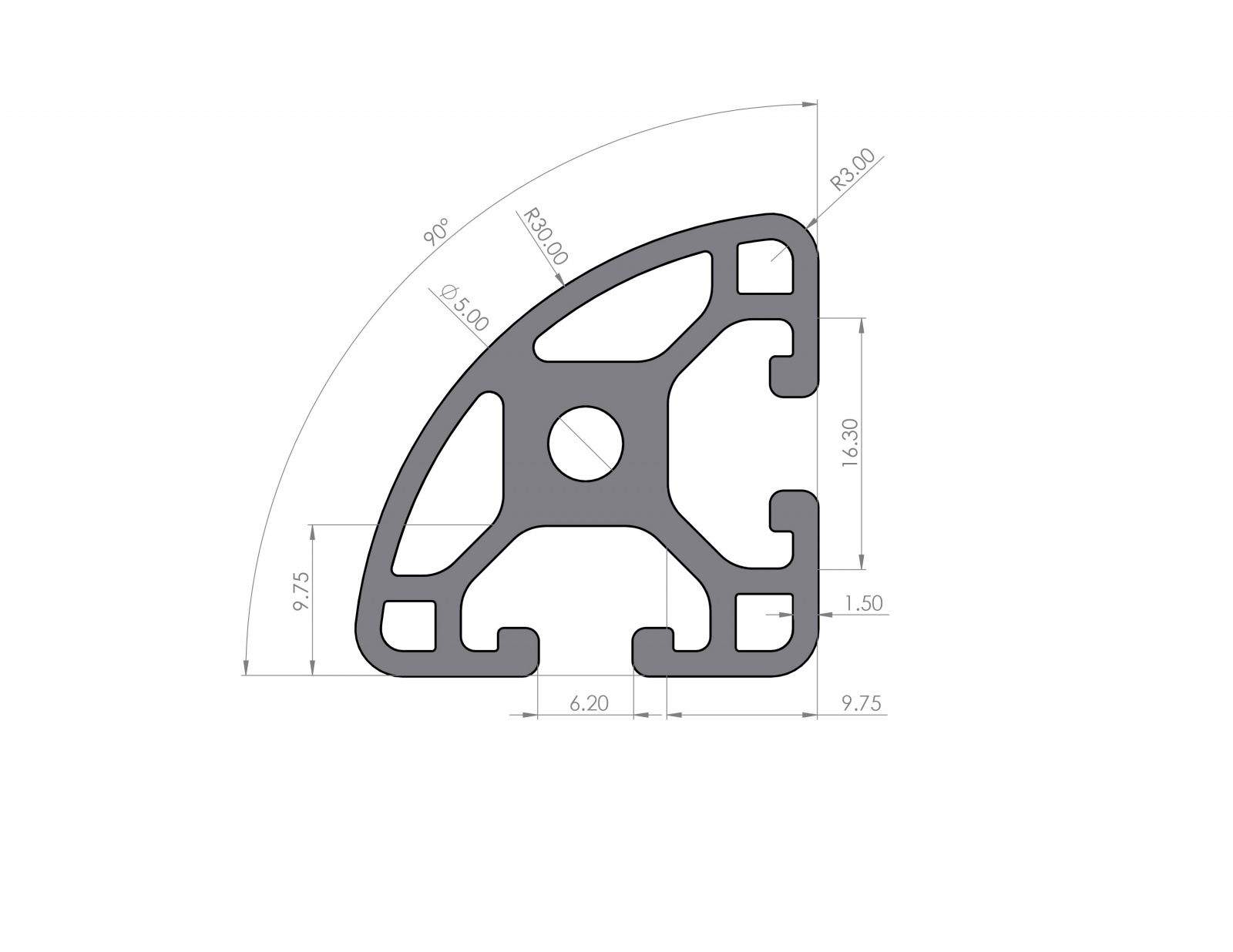 Aluminiumprofil R30x90° Nut 6 I-Typ Leicht Schwarz